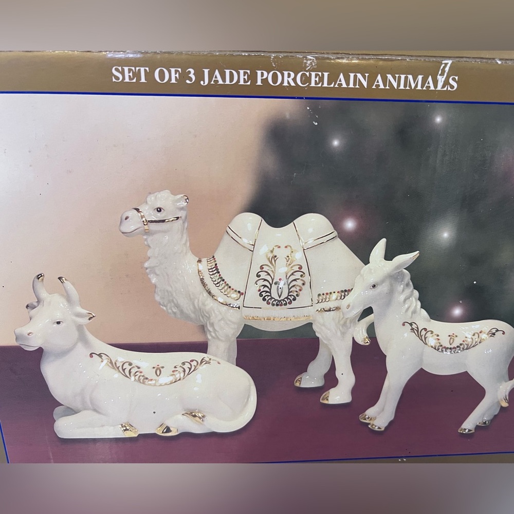 Bon Ton Jade Porcelain Animal Trio Cow Camel Donkey with Gold Accents Vintage B